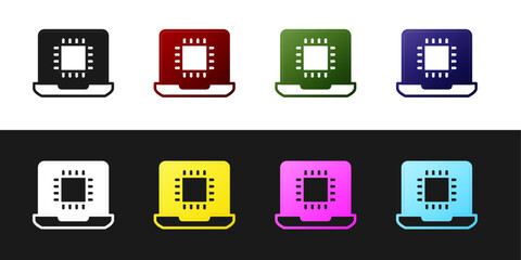 Set Computer processor with microcircuits CPU icon isolated on black and white background. Chip or cpu with circuit board. Micro processor. Vector