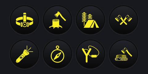 Set Flashlight, Crossed wooden axe, Compass, Slingshot, Tourist tent, Wooden stump, and and Head flashlight icon. Vector