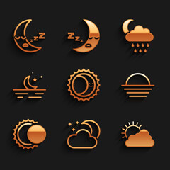 Set Eclipse of the sun, Cloud with moon and stars, Sun cloud weather, Sunset, Moon, rain and icon icon. Vector