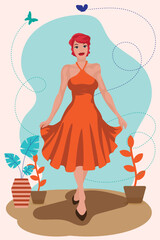 A young woman in a new dress is walking happily in the garden