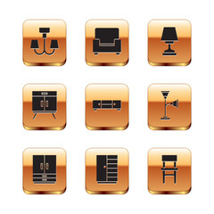 Set Chandelier, Wardrobe, Chest of drawers, Table lamp, Chair and Armchair icon. Vector