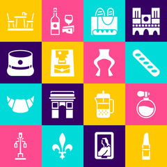 Set Lipstick, Perfume, French baguette bread, Handbag, Kepi, cafe and Frog legs icon. Vector