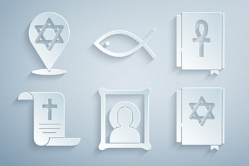 Set Christian icon, Cross ankh book, Decree, paper, parchment, scroll, Jewish torah, fish and Star of David icon. Vector