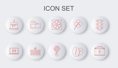 Set line Car battery, Laptop with envelope, Computer cooler, Coffee beans, Pudding custard, Cinema camera, Heating radiator and Industrial hook icon. Vector