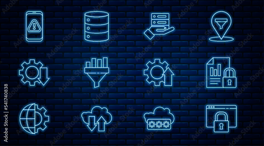 Poster set line secure your site with https, ssl, document and lock, server, data, web hosting, sales funne