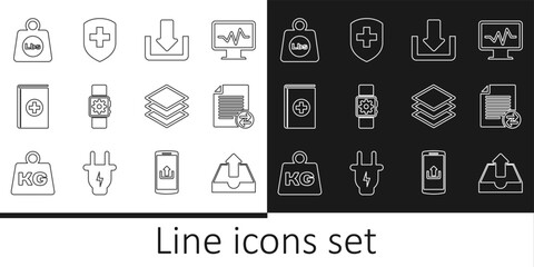 Fototapeta na wymiar Set line Upload inbox, Transfer files, Download, Smartwatch setting, Medical book, Weight pounds, Layers and shield with cross icon. Vector