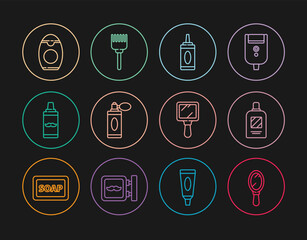Set line Hand mirror, Bottle of shampoo, Aftershave bottle with atomizer, Shaving gel foam, and Hairbrush icon. Vector