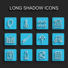 Set line India constitution day, Indian vase, Rosary beads religion, Tandoori chicken, Independence, Bamboo flute indian, Taxi tuk tuk and Kite icon. Vector