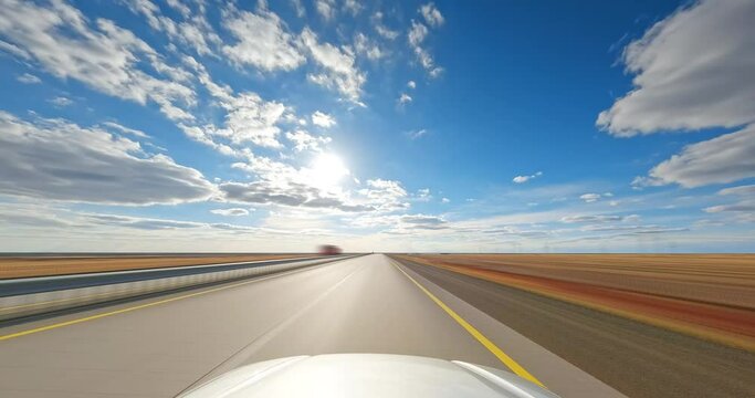 Medium-speed POV timelapse on a plain Highway at sunny day with clouds. 60 fps, H.264, 8bit, Chroma Subsamlping 4:4:4