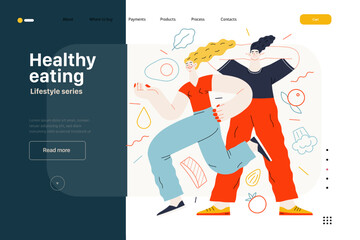 Lifestyle web template - Healthy eating - modern flat vector illustration of a woman and a man practicing healthy balanced diet. People activities concept