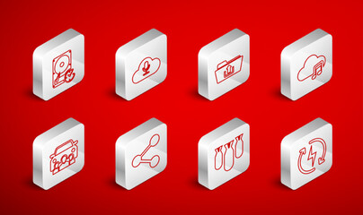 Set line Recharging, Music streaming service, Folder upload, Aviation bombs, Hard disk drive with clockwise, Share and Car sharing icon. Vector