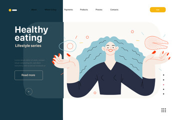Lifestyle web template - Healthy eating - modern flat vector illustration of a woman practicing healthy balanced diet holding salmon and avocado. People activities concept
