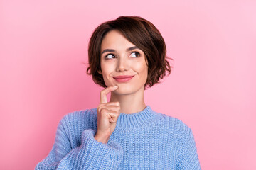 Portrait of cute intelligent young female look blank space brainstorming see sale bargain isolated on pink color background