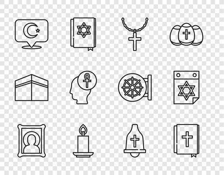 Set line Christian icon, Holy bible book, cross chain, Burning candle, Star crescent, Cross ankh, Church bell and Jewish calendar icon. Vector