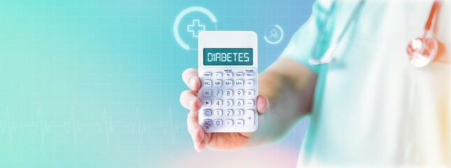 Diabetes. Doctor shows calculator with text on display. Medical costs