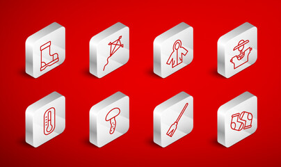 Set line Socks, Kite, Raincoat, Scarecrow, Handle broom, Waterproof rubber boot, Mushroom and Thermometer icon. Vector