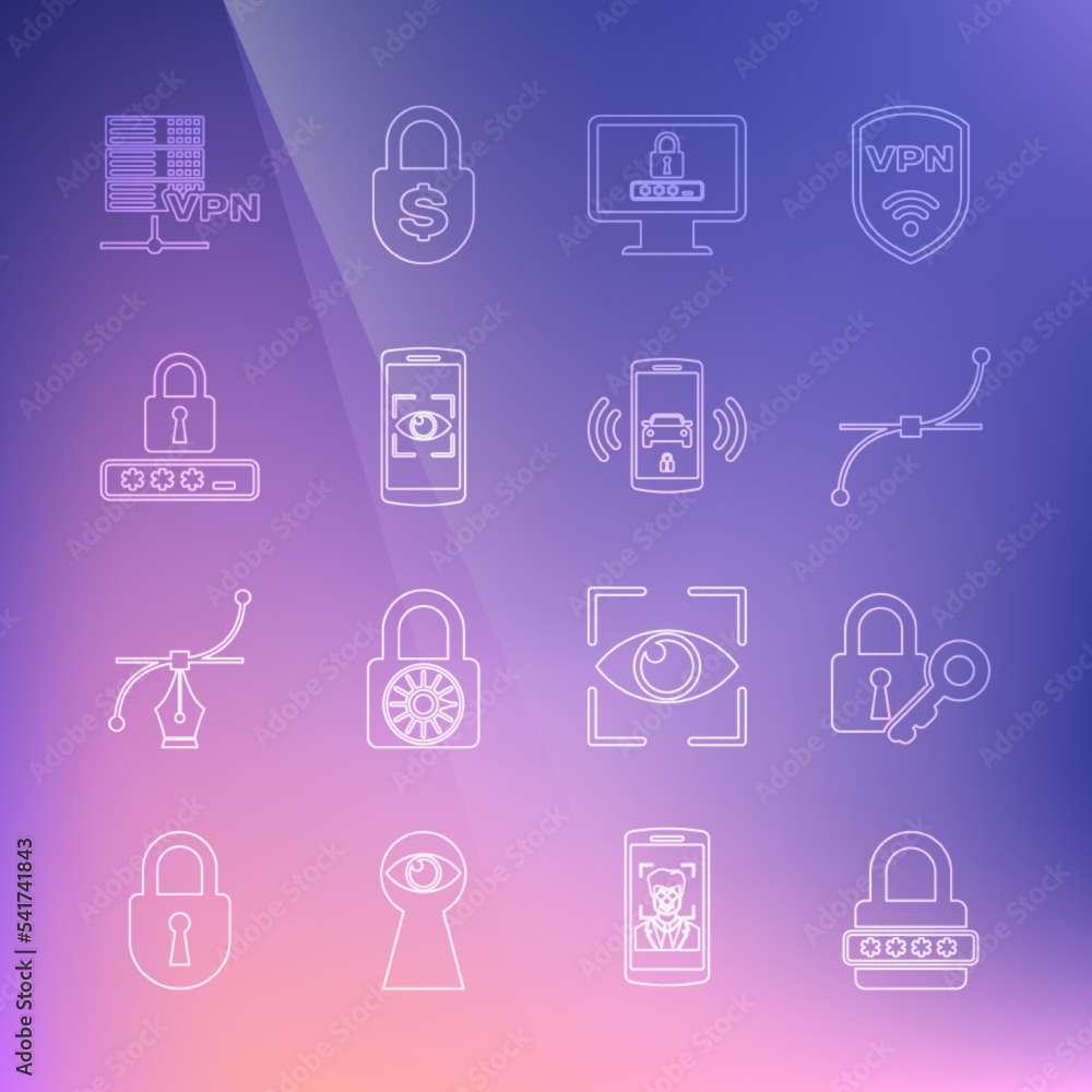 Poster set line password protection, lock and key, bezier curve, monitor with password, mobile eye scan, se
