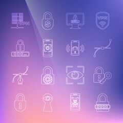Set line Password protection, Lock and key, Bezier curve, Monitor with password, Mobile eye scan, Server VPN and Smart car alarm system icon. Vector