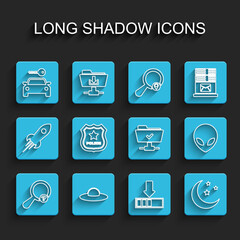 Set line Unknown search, UFO flying spaceship, Car rental, Loading, Moon and stars, Police badge, Alien and FTP operation successful icon. Vector