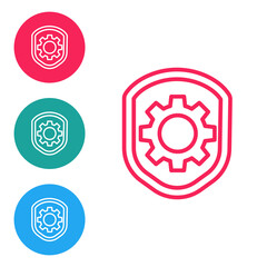 Red line Shield with settings gear icon isolated on white background. Adjusting, service, maintenance, repair, fixing. Set icons in circle buttons. Vector Illustration