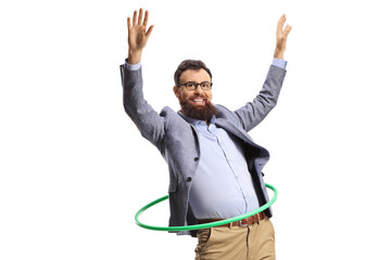 Happy bearded man spinning a hula hoop and smiling
