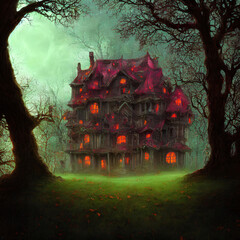 An Illustration of an old haunted house with light in its windows surrounded by trees in a dark forest