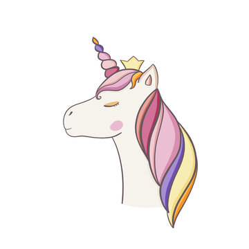 Unicorn head in a crown on a white isolated background