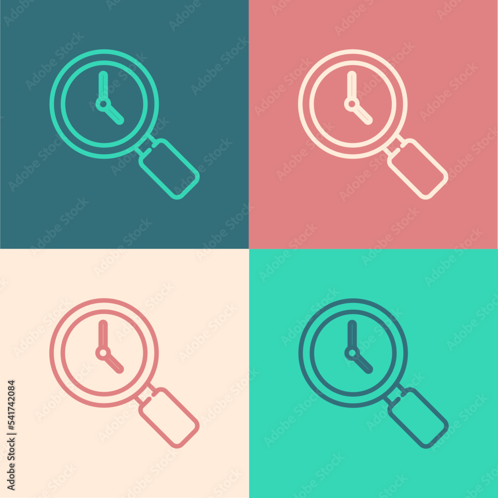Aufkleber pop art line magnifying glass with clock icon isolated on color background. vector