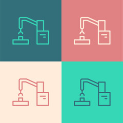 White Industrial machine robotic robot arm hand factory icon isolated on black background. Industrial robot manipulator. Vector