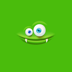 Vector funny green monster face with open mouth with fangs and eyes isolated on green background. Halloween cute and funky monster design template for poster, banner and tee print