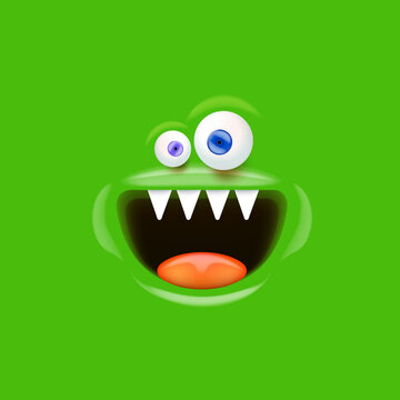 Vector funny green monster face with open mouth with fangs and eyes isolated on green background. Halloween cute and funky monster design template for poster, banner and tee print