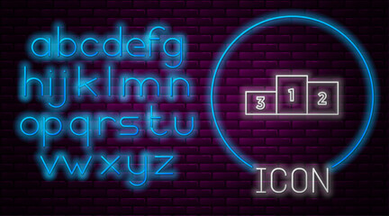 Glowing neon line Business podium icon isolated on brick wall background. Employee nomination sign. Person award symbol. Neon light alphabet. Vector