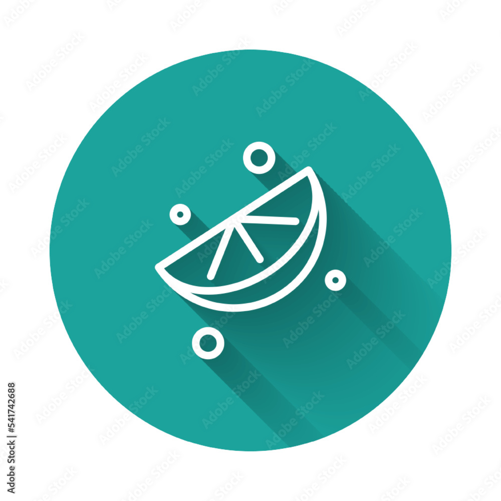Poster White line Sliced lime icon isolated with long shadow background. Green circle button. Vector
