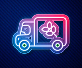 Glowing neon line Flour truck icon isolated on blue background. Vector