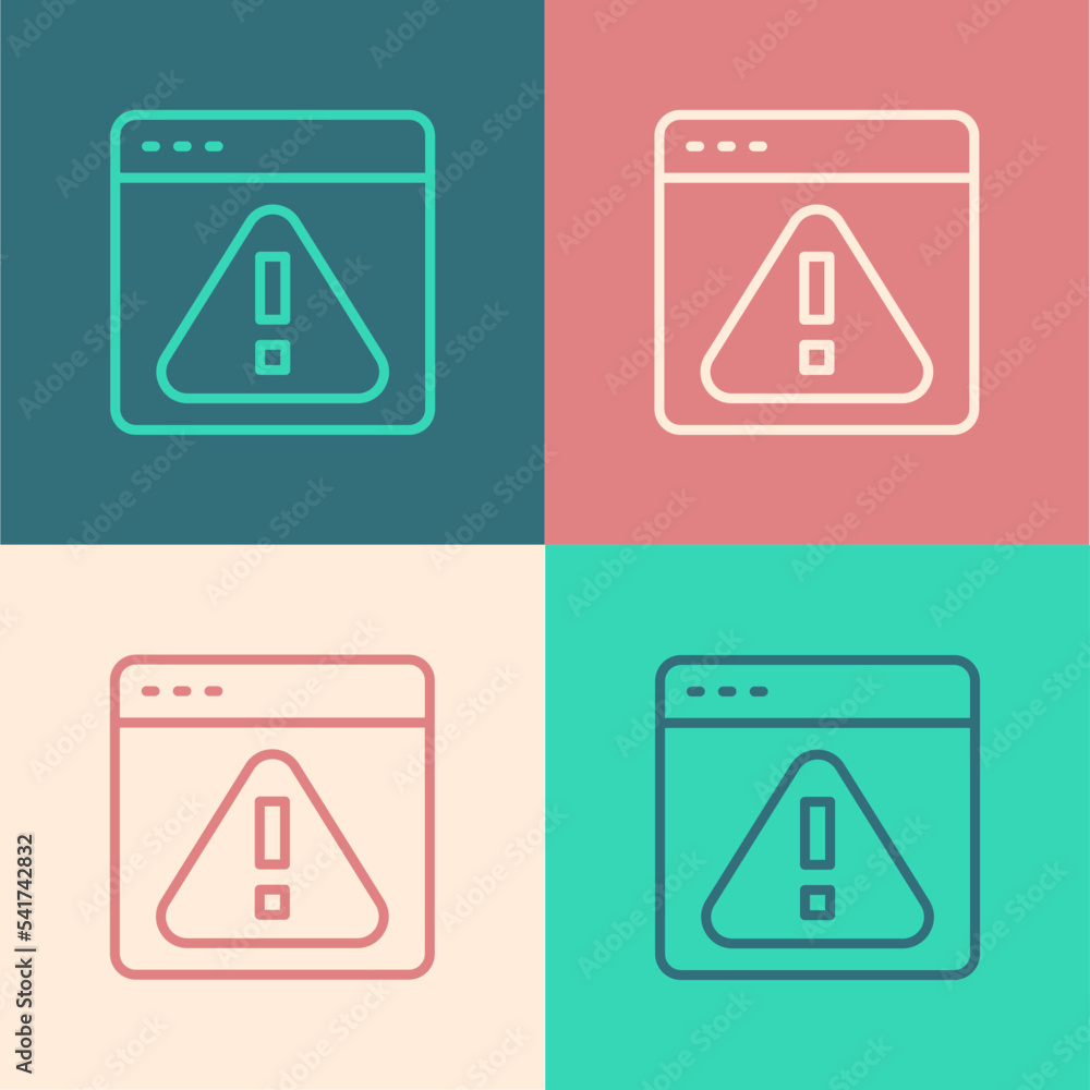 Poster pop art line browser with exclamation mark icon isolated on color background. alert message smartpho