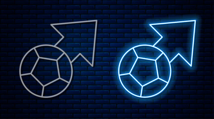 Glowing neon line Soccer football ball icon isolated on brick wall background. Sport equipment. Vector
