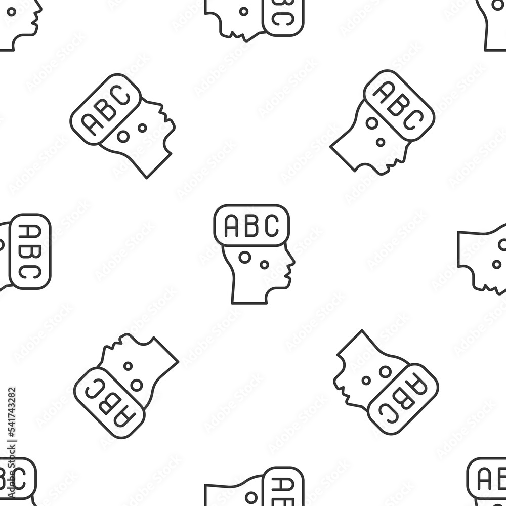 Poster grey line learning foreign languages icon isolated seamless pattern on white background. vector