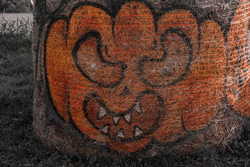 a halloween pumpkin picture on a hay roll