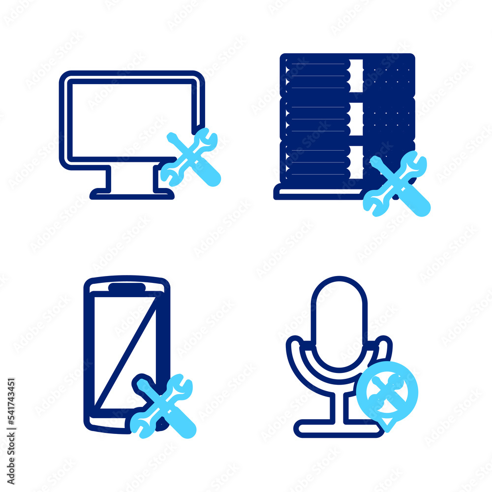 Poster set line microphone service, smartphone, database server and computer monitor icon. vector