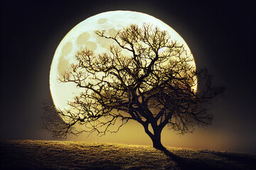 There is a tree with bare branches in the night. The moon provides light, making the tree seem spooky and mysterious.