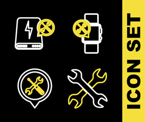 Set line Smartwatch service, Crossed wrenchs, Location and Power bank icon. Vector