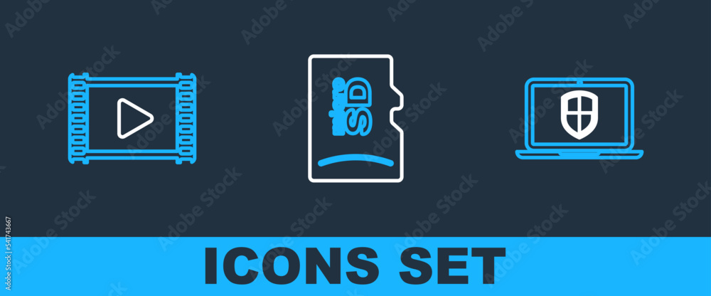Poster set line server with shield, movie clapper and micro sd memory card icon. vector