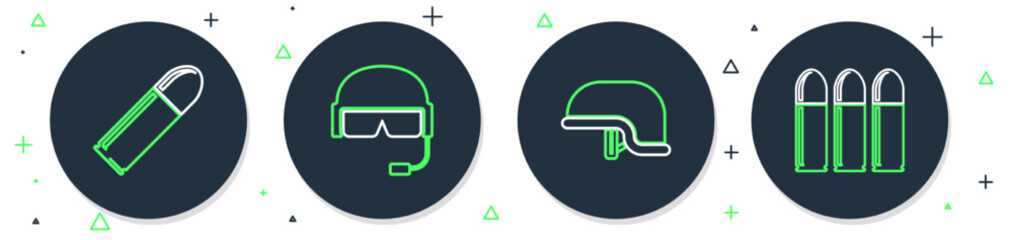 Set line Military helmet, Bullet and icon. Vector