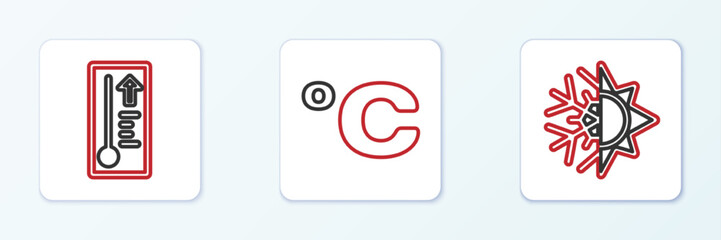 Set line Sun and snowflake, Meteorology thermometer and Celsius icon. Vector