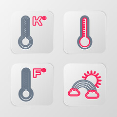 Set line Rainbow with clouds and sun, Meteorology thermometer, and icon. Vector