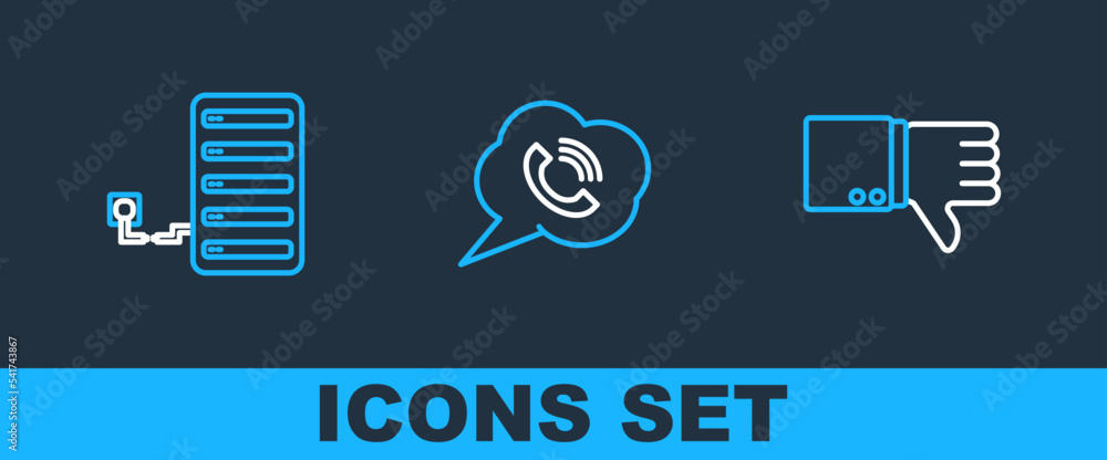 Poster set line dislike, server and speech bubble with phone call icon. vector