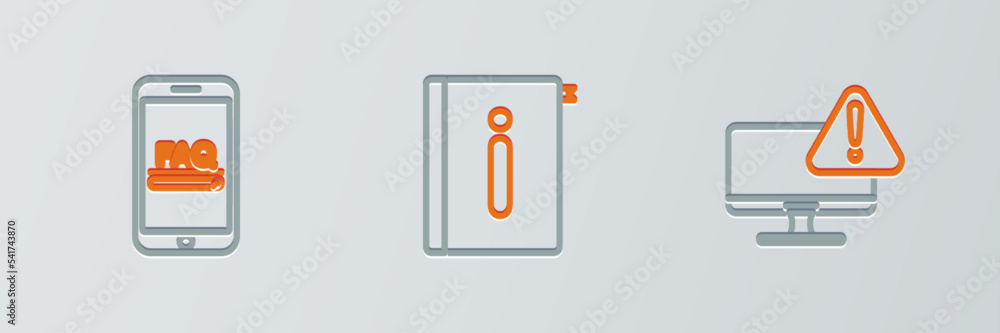 Poster set line monitor with exclamation mark, mobile faq information and user manual icon. vector