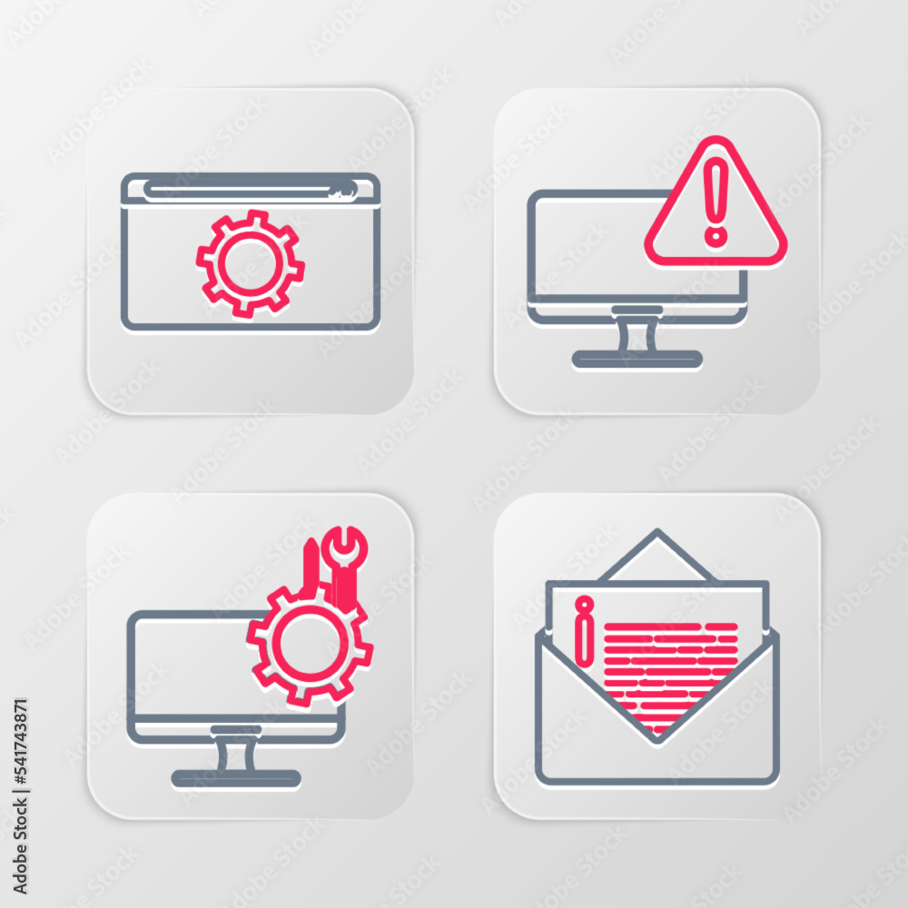 Poster set line envelope, computer monitor service, monitor with exclamation mark and setting icon. vector