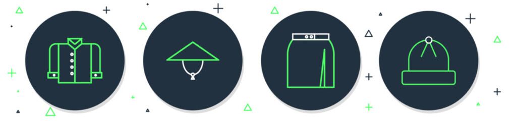 Set line Asian conical hat, Skirt, T-shirt and Winter icon. Vector