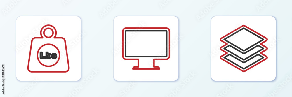 Poster set line layers, weight pounds and computer monitor screen icon. vector